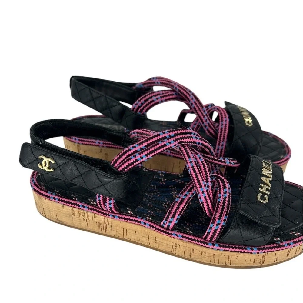 Chanel 2020 Cord Lambskin Quilted Logo Sandals Pink Black Size 38